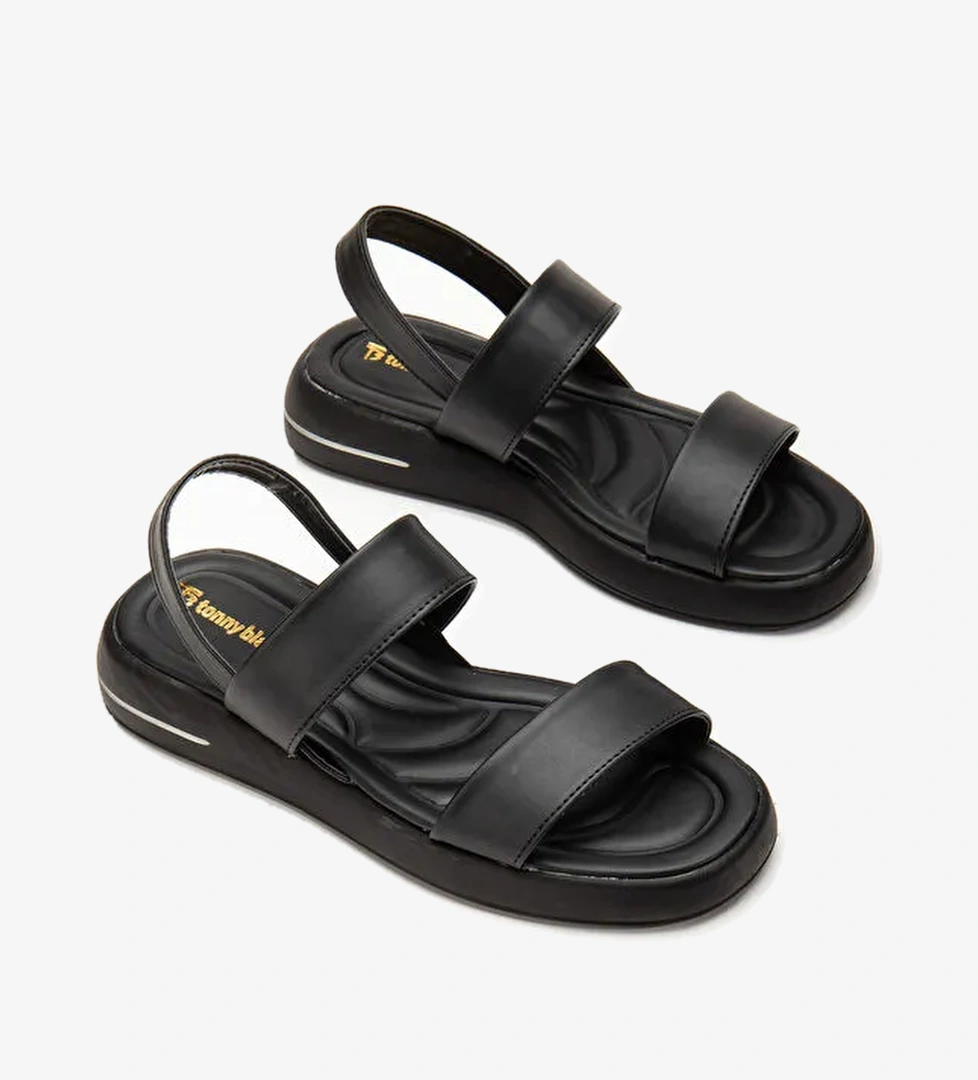 Kadın Siyah Cilt Rahat Kalıp Poli Taban Çift Bantlı Sandalet