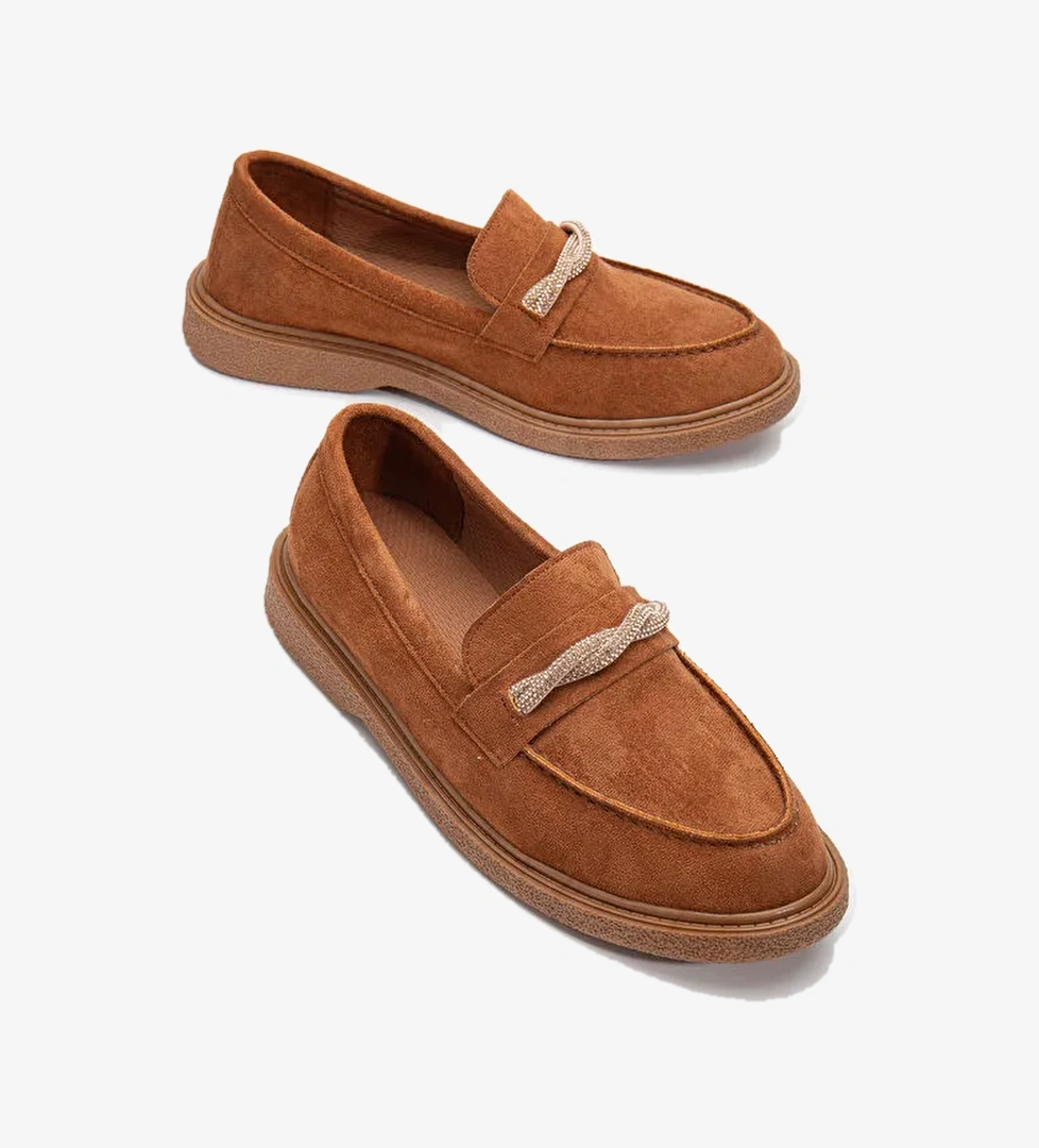Kadın Taba Süet Rahat Kalıp Önü Sarmal Taşlı Günlük Loafer - Görsel 1
