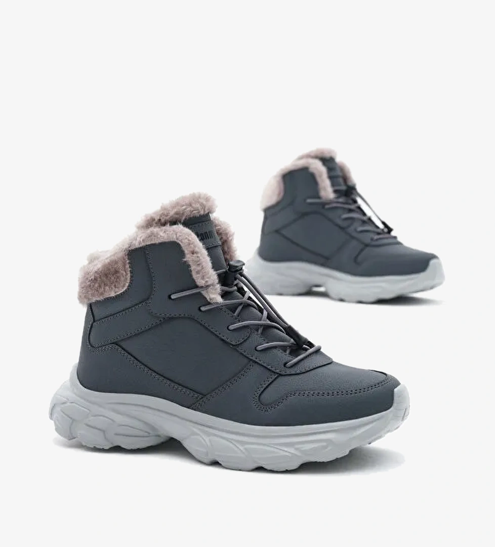 Çocuk Unisex Füme Faylon Taban İçi Kürklü Lastik Bağcıklı Bot