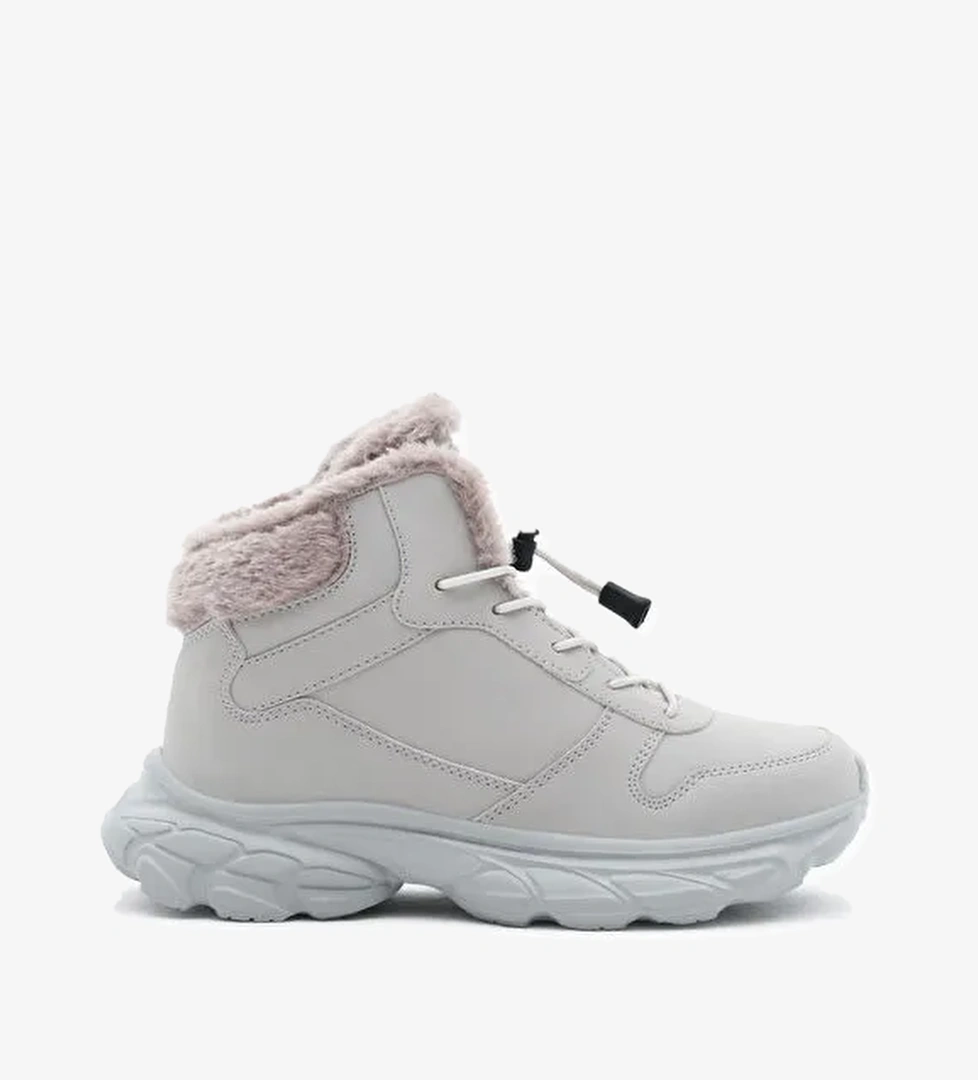 Çocuk Unisex Gri Faylon Taban İçi Kürklü Lastik Bağcıklı Bot