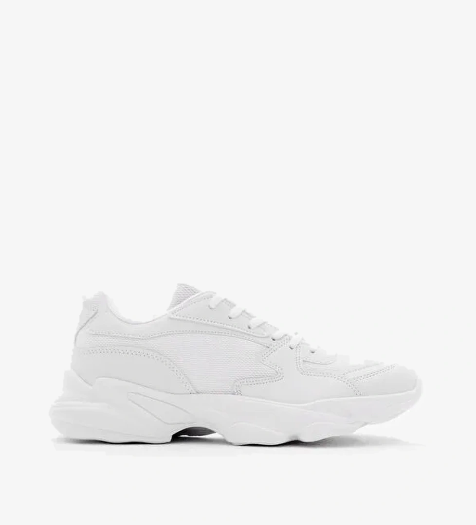 Unisex Beyaz Rahat Kalıp Yüksek Poli Taban Bağcıklı Spor Ayakkabı