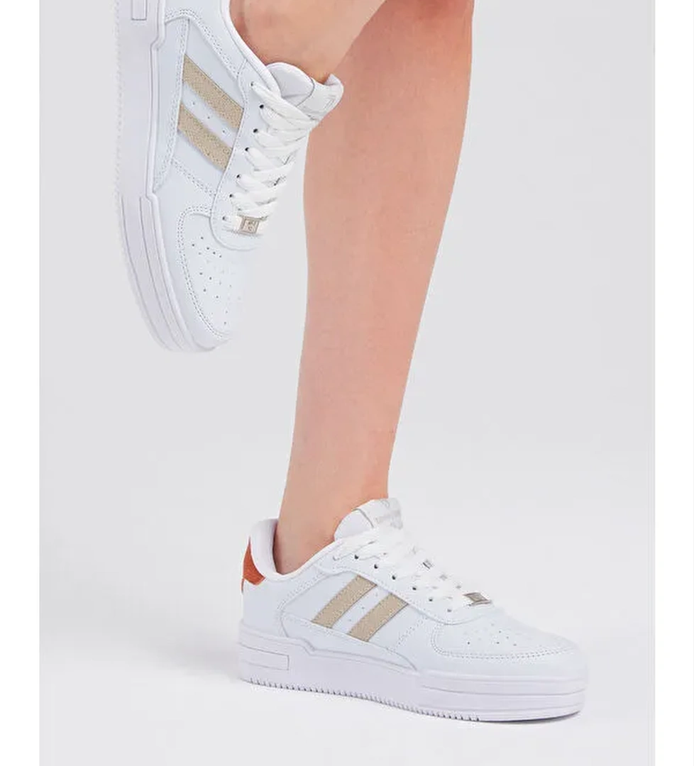 Unisex Beyaz Bej Yanı Çizgili Bağcıklı Rahat Kalıp Sneaker