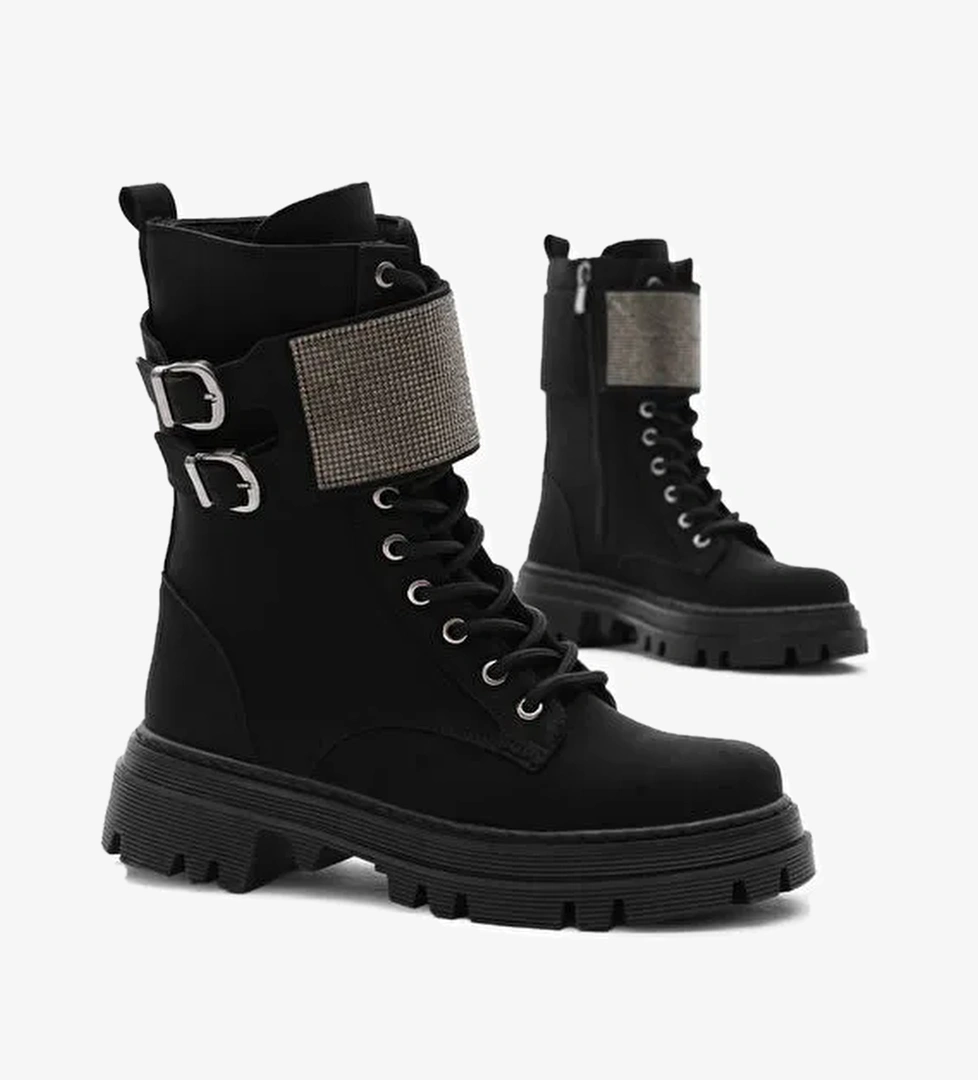 Kadın Siyah Mat Termo Taban Yanı Çift Tokalı Taşlı Bağcıklı ve Fermuarlı Bot