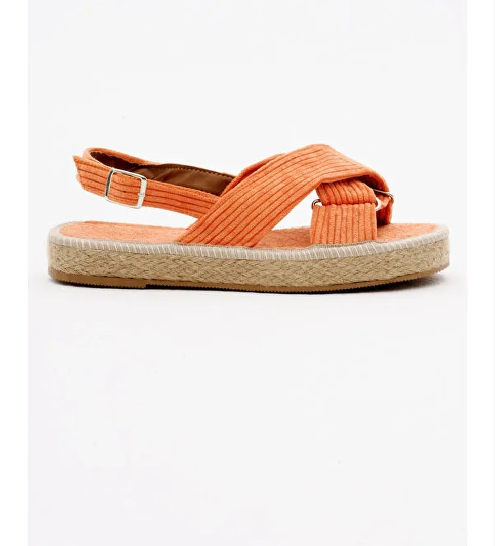 Kadın Oranj Çapraz Bantlı Bilekten Bağlamalı Hasır Triko Sandalet