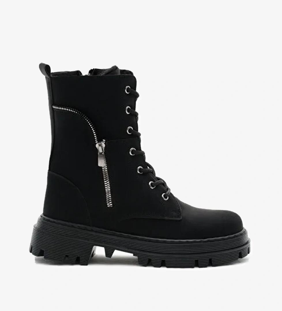 Kadın Siyah Mat Termo Taban Yanı Fermuar Desenli Bağcıklı ve Fermuarlı Bot