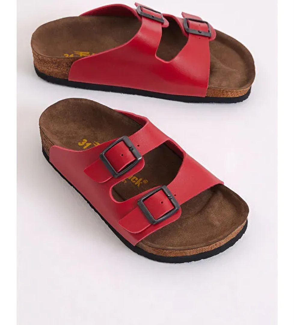 Çocuk Unisex Kırmızı Rahat Kalıp Poli Taban Çift Tokalı Nubuk Sandalet