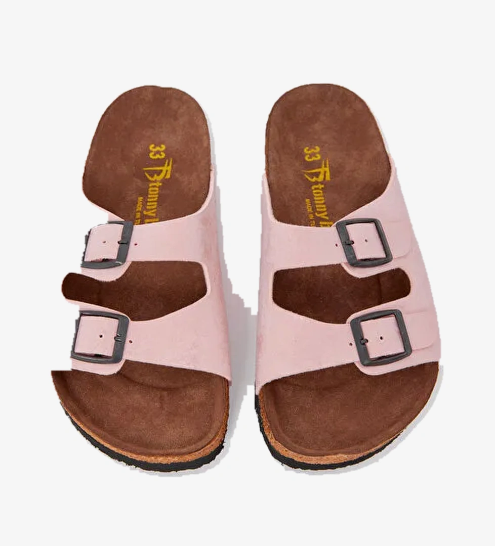 Çocuk Unisex Pudra Rahat Kalıp Poli Taban Çift Tokalı Nubuk Sandalet