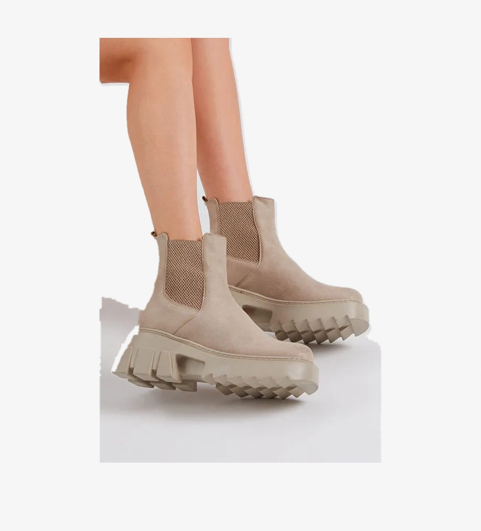 Kadın Krem Süet Rahat Kalıp Kalın Taban Lastikli Bot