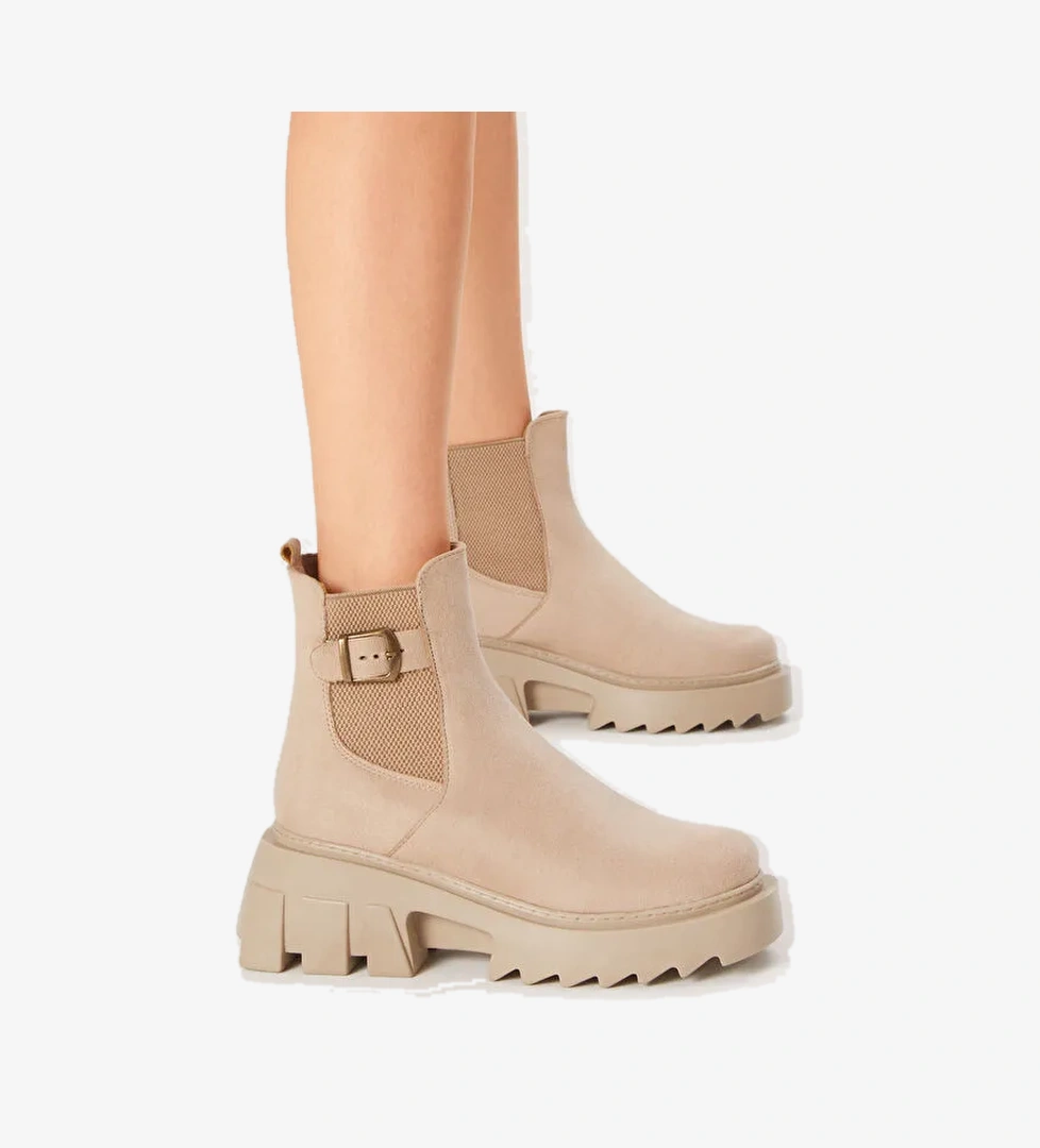 Kadın Krem Süet Rahat Kalıp Kalın Taban Tokalı Lastikli Bot