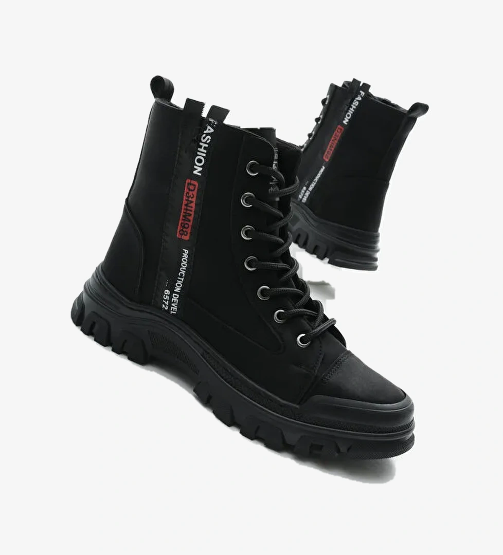 Kadın Siyah Mat Termo Taban Yanı Şerit Yazılı Bağcıklı ve Fermuarlı Bot - Görsel 1