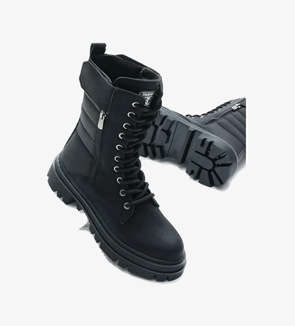 Tonny Black Siyah Tonny Black Cilt Termo Kadın Taban Nakışlı Dilim Desenli Cırtlı Bağcıklı ve Fermuarlı Bot