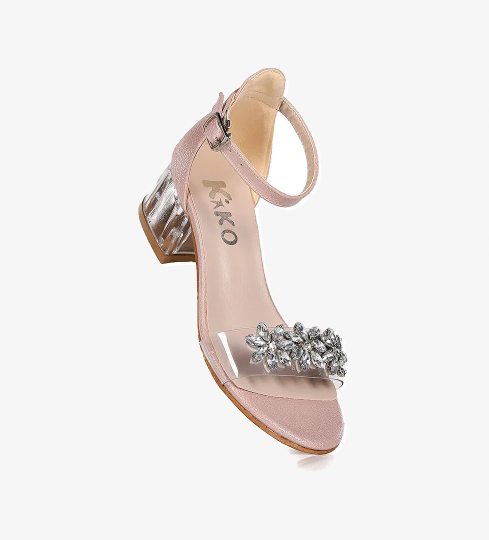 Yangu Vakko Taşlı Kız Çocuk 3 Cm Şeffaf Topuklu Sandalet Abiye Ayakkabı