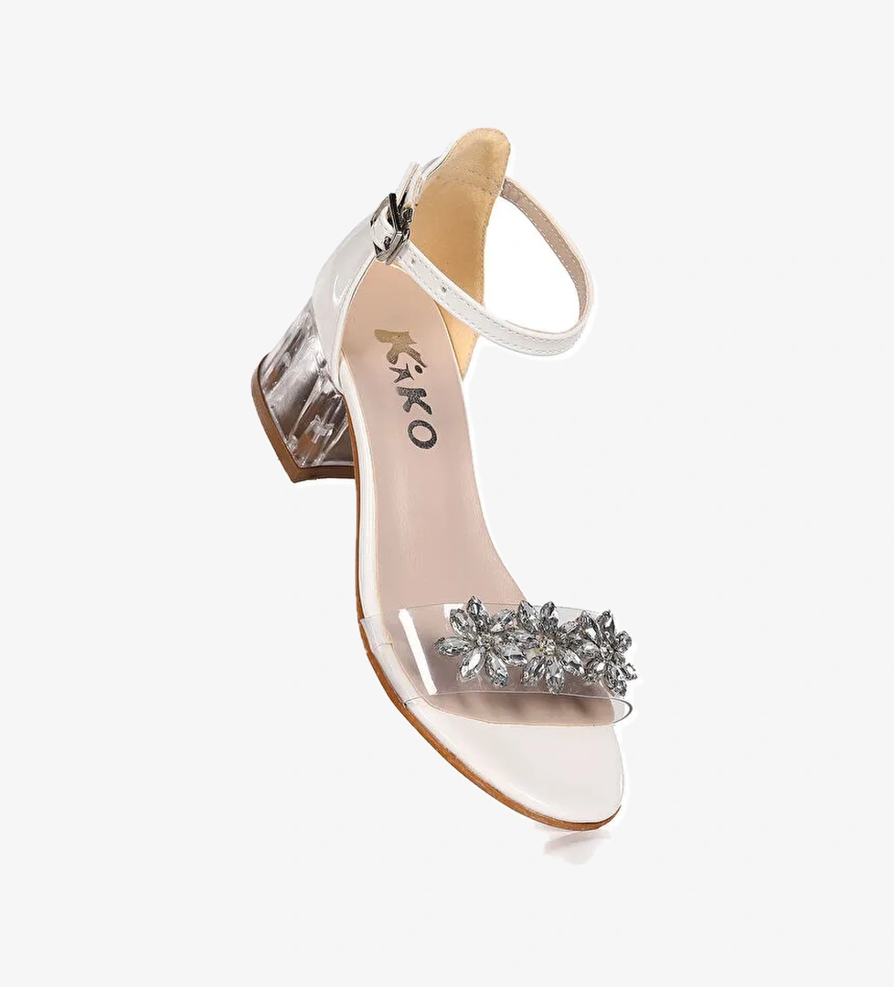 Yangu Rugan Taşlı Kız Çocuk 3 Cm Şeffaf Topuklu Sandalet Abiye Ayakkabı