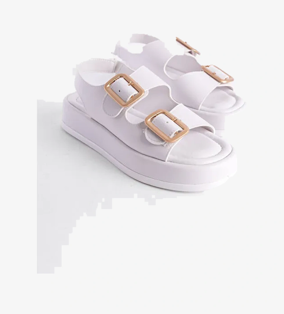 Dolgu Topuklu Çift Bantlı Tokalı Kadın Sandalet