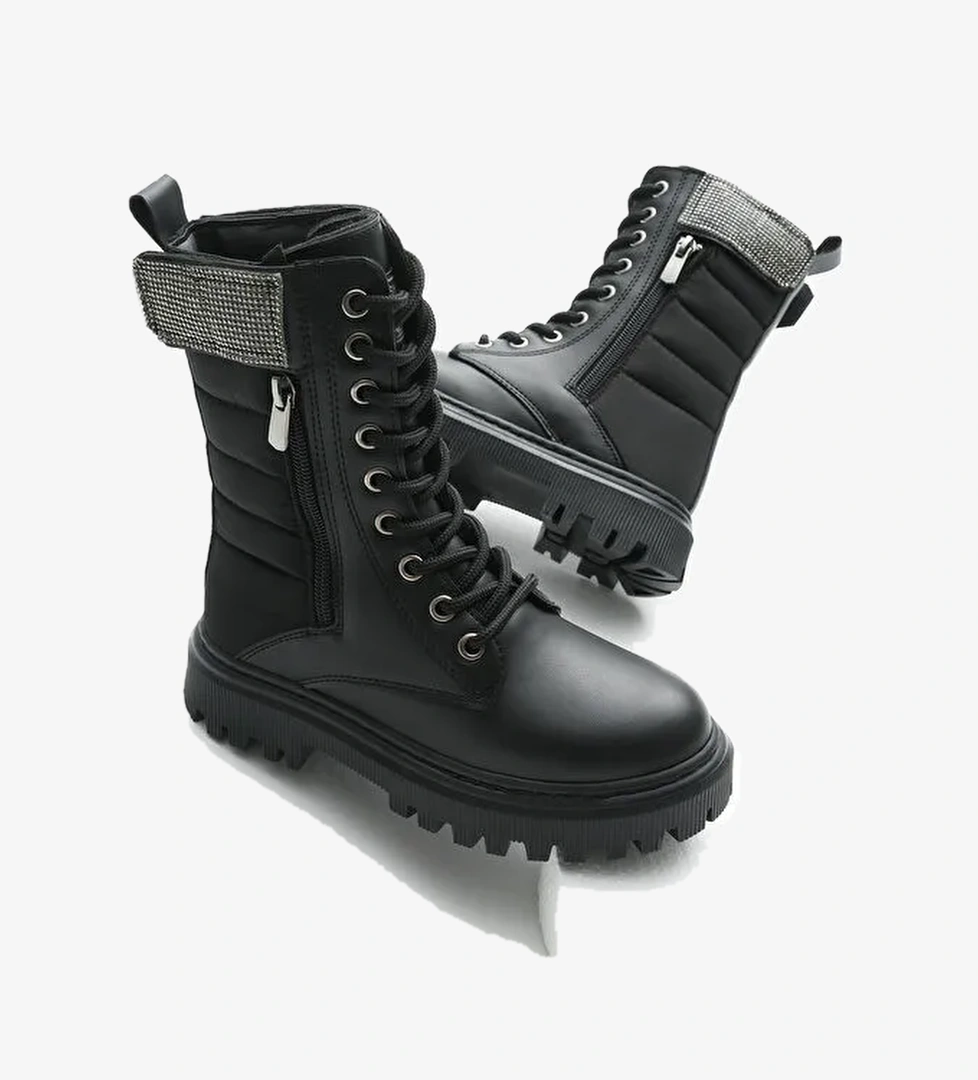 Tonny Black Siyah Tonny Black Cilt Termo Kız Çocuk Taban Taş Detaylı Fermuarlı ve Bağcıklı Cırtlı Bot