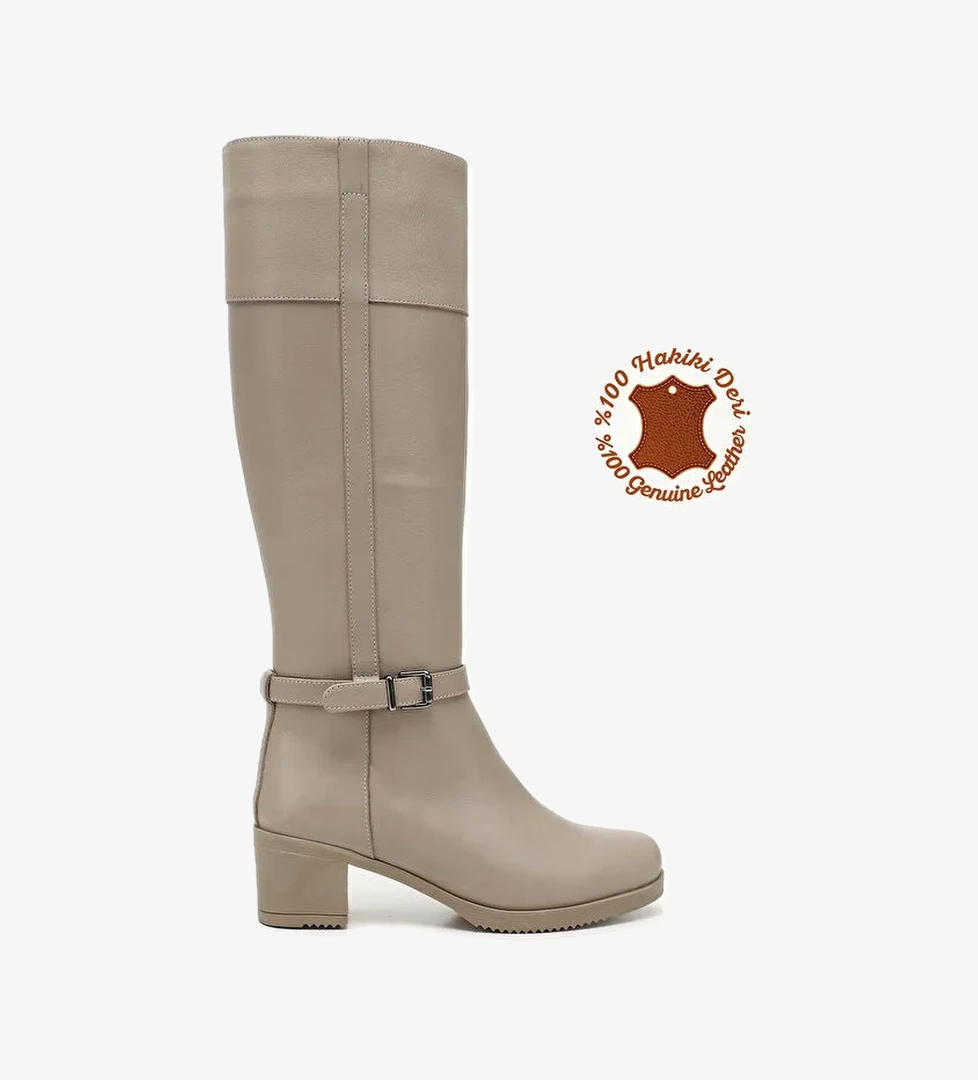 Gonderi(r) Kahverengi Gonderi(r) Hakiki Deri Topuklu Fermuarlı Kadın Çizme