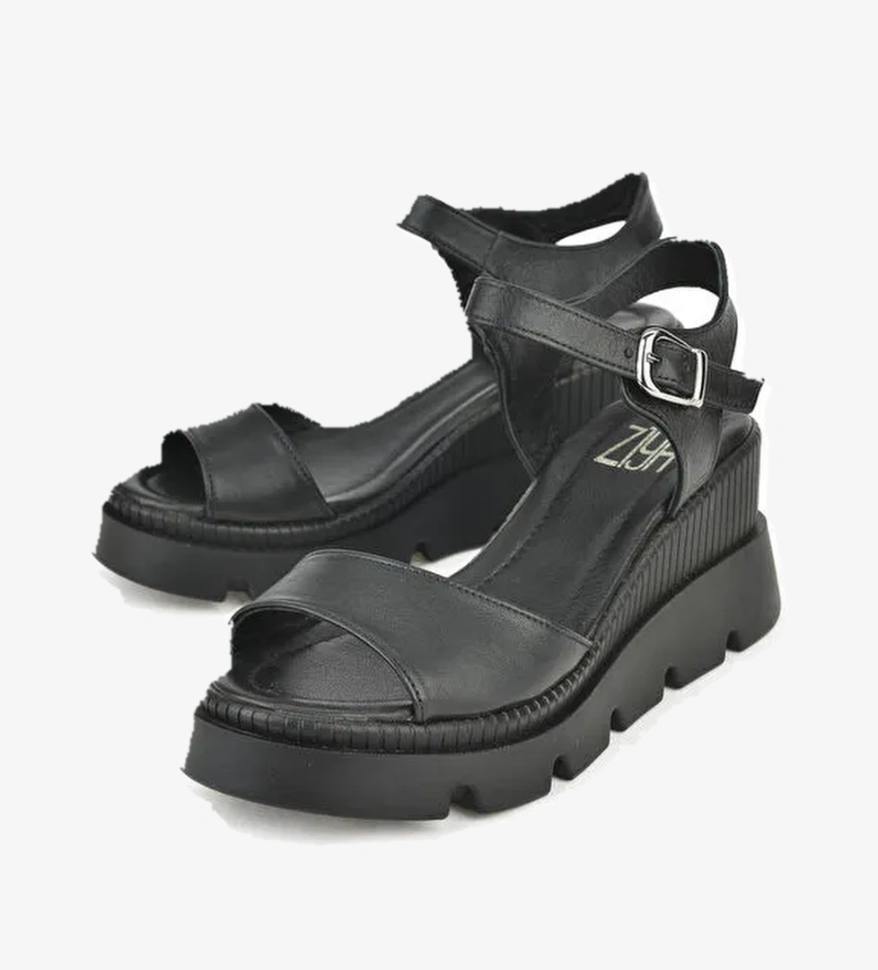 Kadın Hakiki Deri Dolgu Topuk Sandalet 1511020Z2003 Siyah - Görsel 1