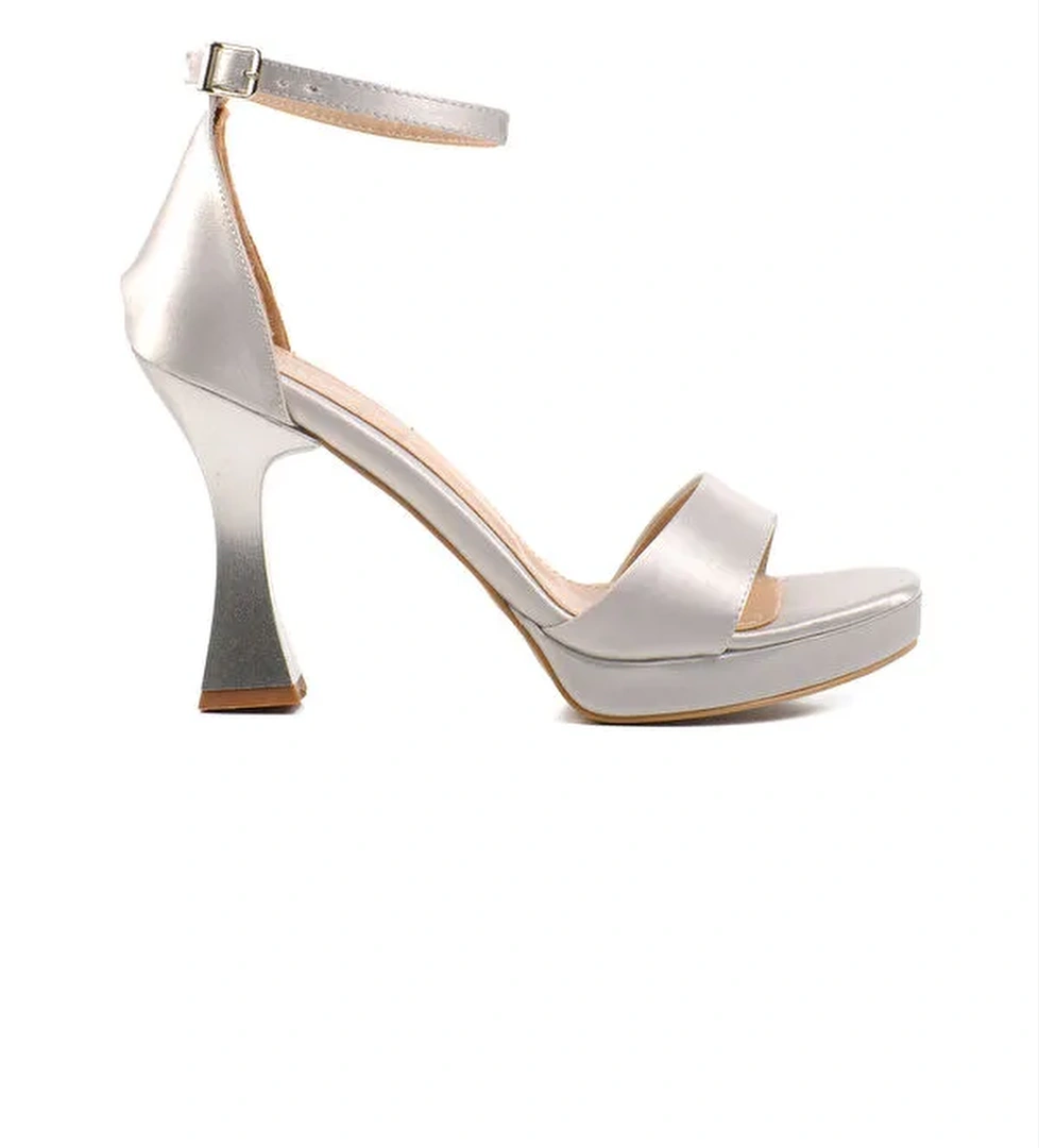 Gümüş Saten İnce Topuk Kadın Topuklu Ayakkabı 448183 Z