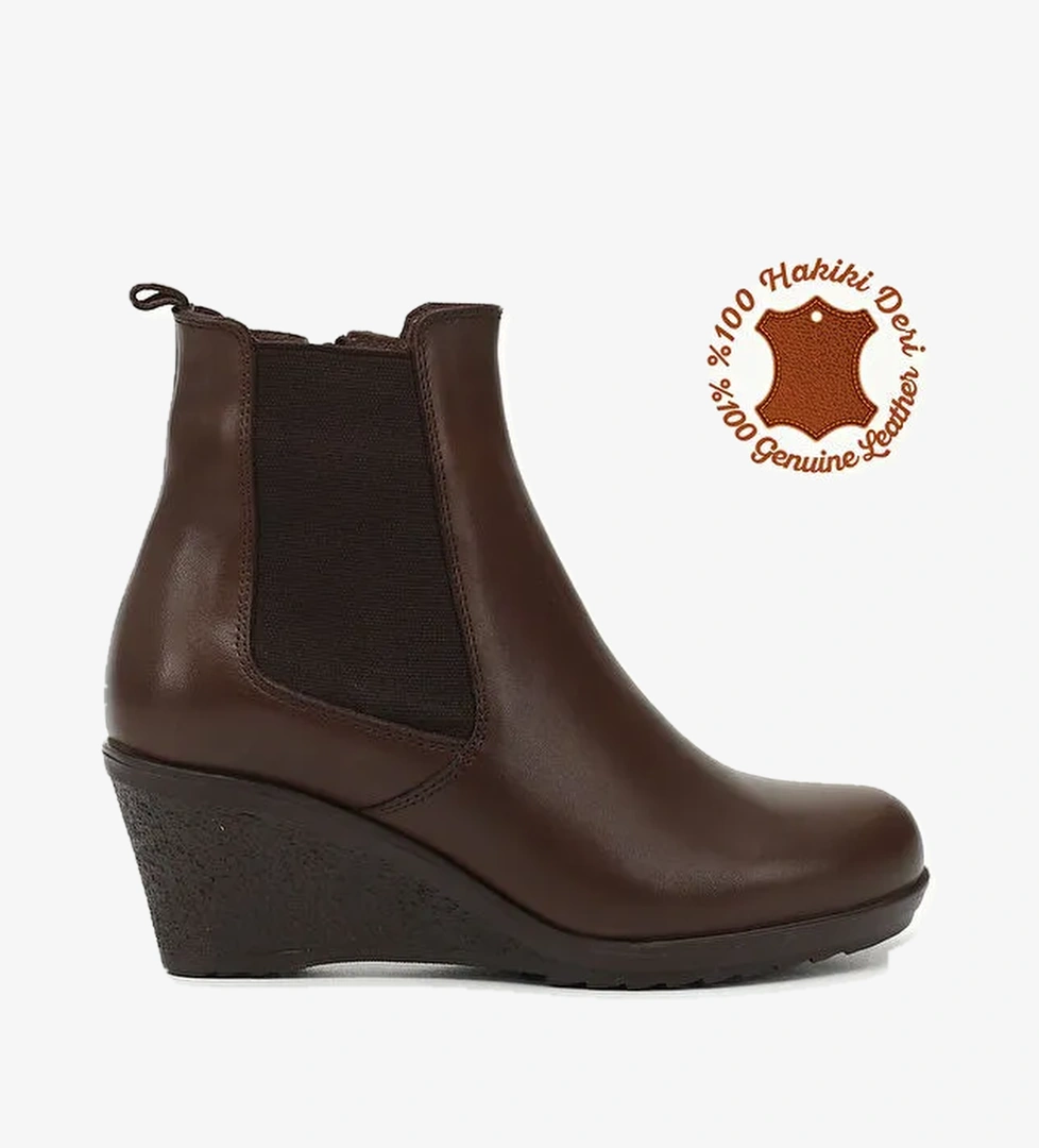Kadın ORTA KAHVERENGİ Fermuarlı Dolgu Topuklu Hakiki Deri Chelsea Bot - Görsel 1