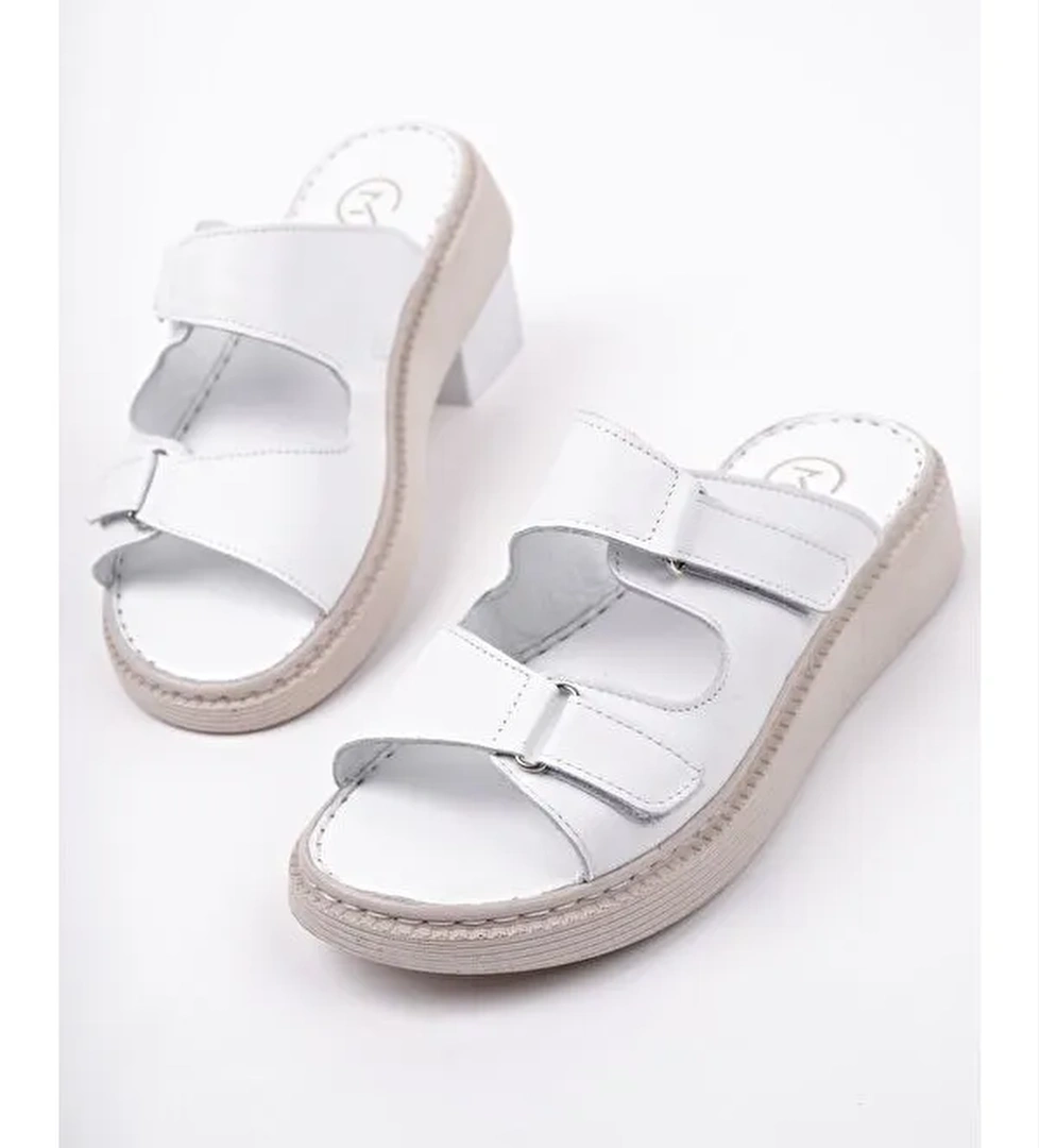 MORGEN Hakiki Deri Çift Bantlı Ayarlanabilir Ortopedik Günlük Kadın Terlik - Görsel 1