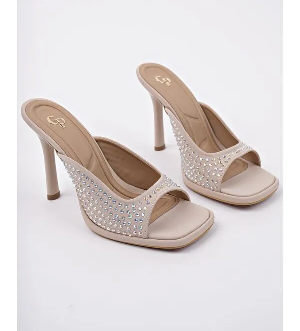 PUJA Küt Burun İnce Topuklu Taşlı Kadın Topuklu Terlik