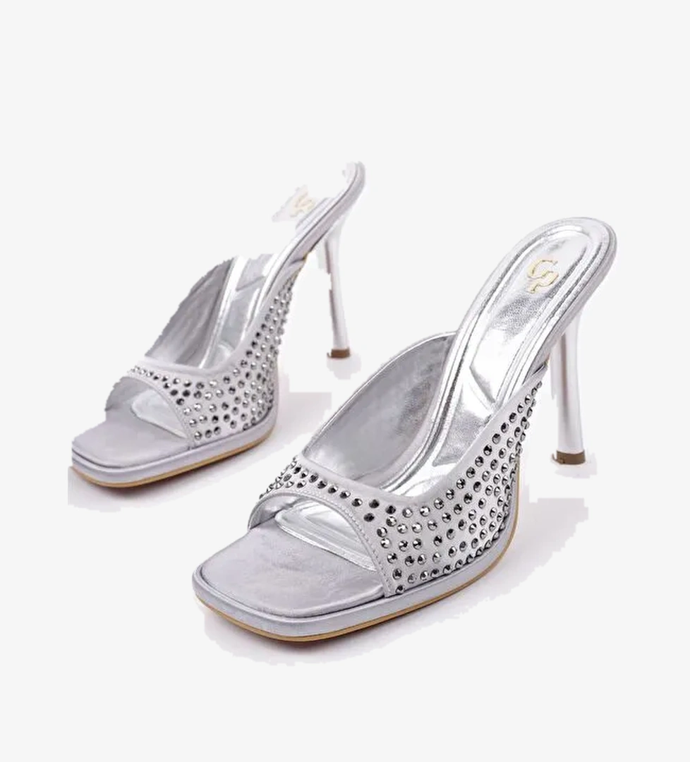 PUJA Küt Burun İnce Topuklu Taşlı Kadın Topuklu Terlik