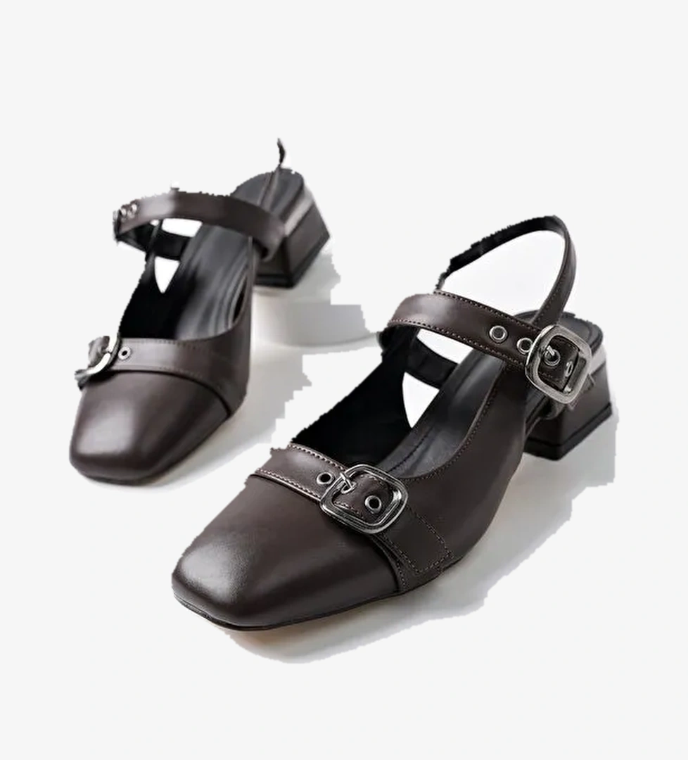 YUQİ Arkası Açık Küt Burun Çift Kemerli Kadın Günlük Klasik Kısa Topuklu Ayakkabı