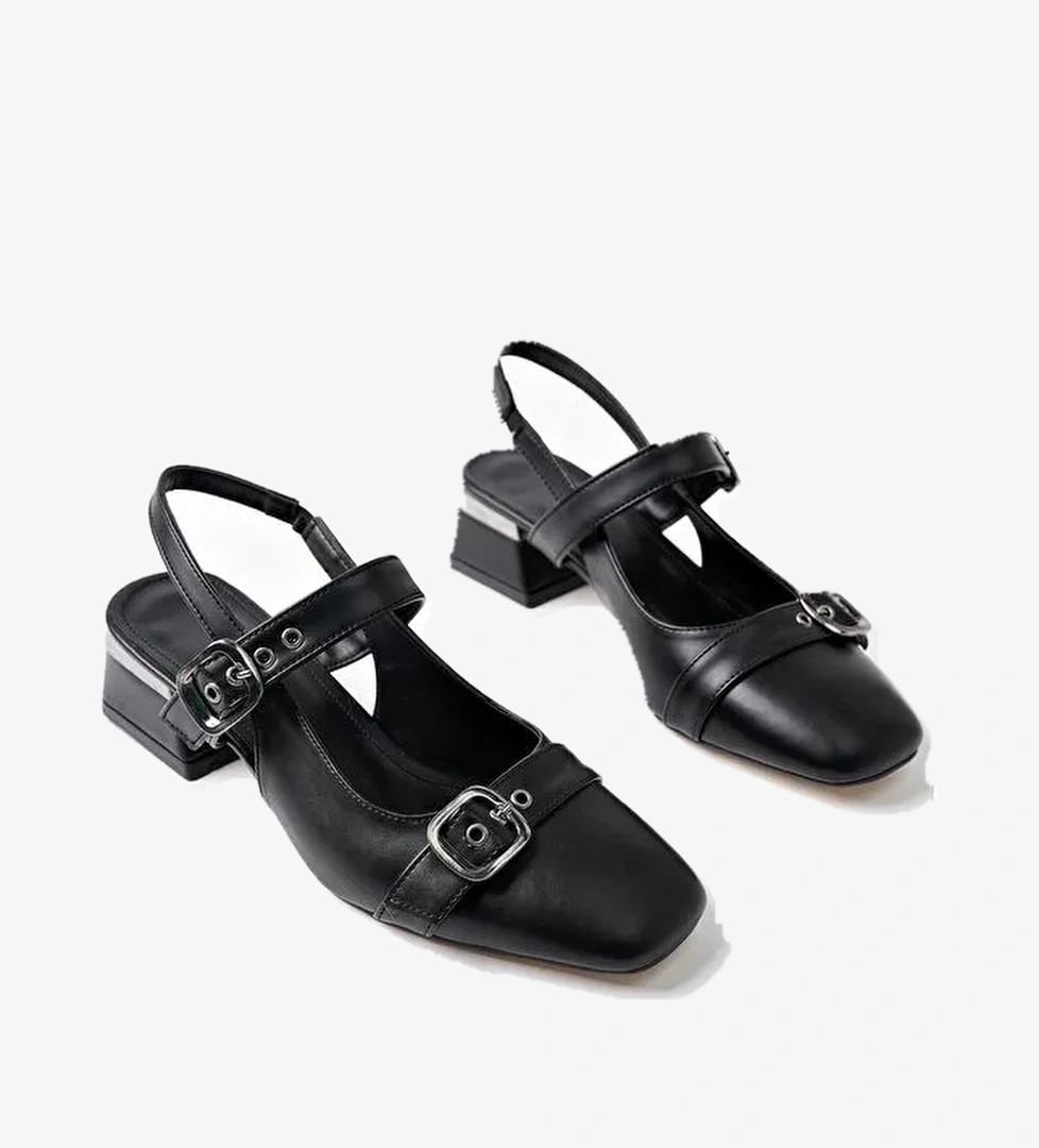 YUQİ Arkası Açık Küt Burun Çift Kemerli Kadın Günlük Klasik Kısa Topuklu Ayakkabı