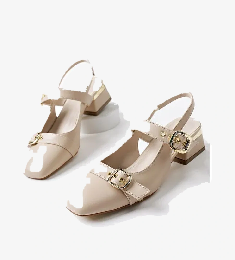 YUQİ Arkası Açık Küt Burun Çift Kemerli Kadın Günlük Klasik Kısa Topuklu Ayakkabı