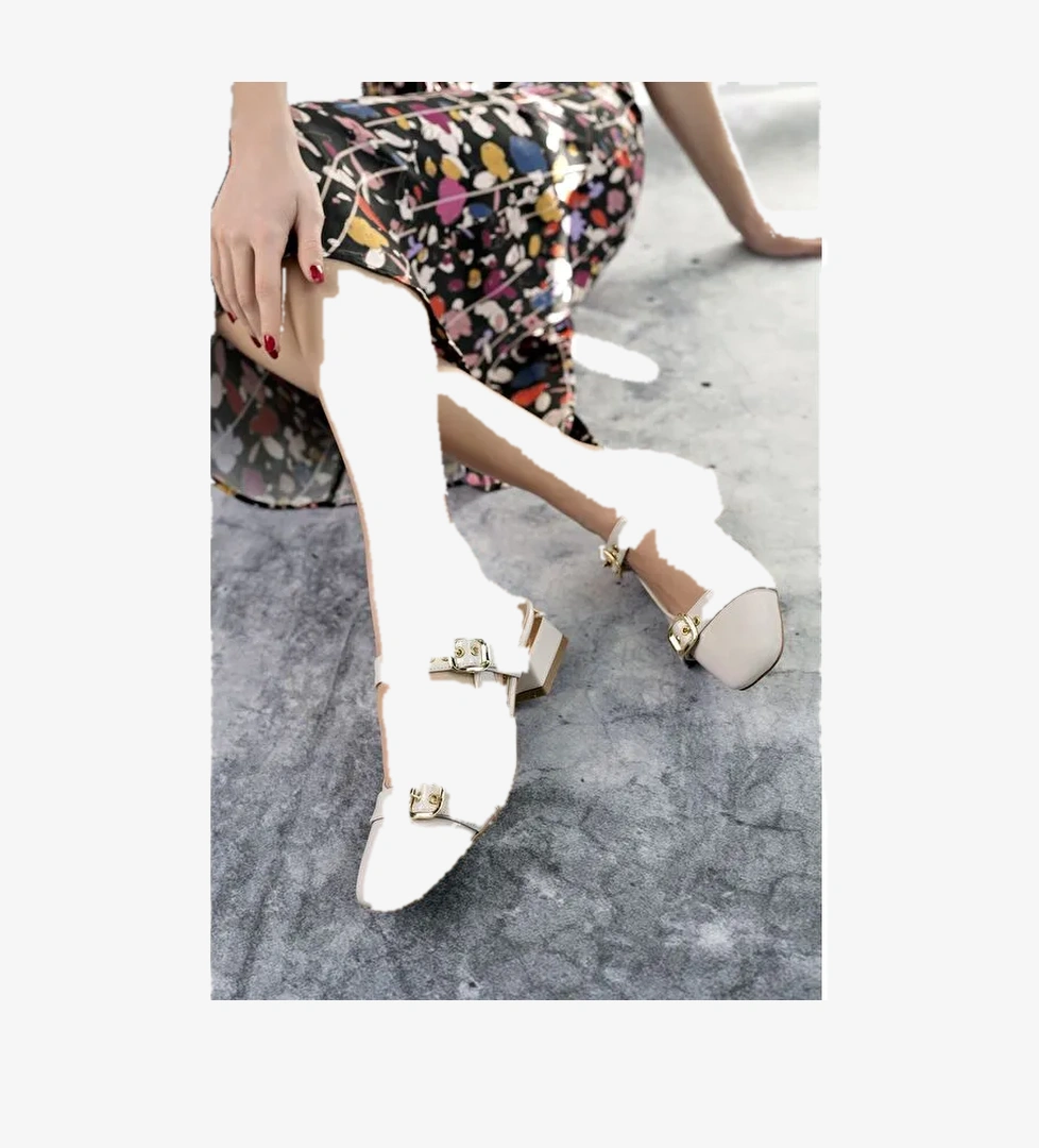 YUQİ Arkası Açık Küt Burun Çift Kemerli Kadın Günlük Klasik Kısa Topuklu Ayakkabı - Görsel 1