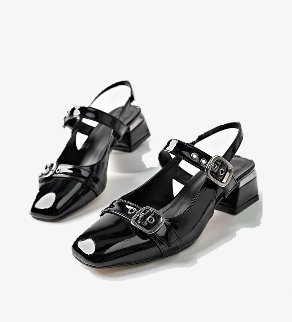 YUQİ Arkası Açık Küt Burun Çift Kemerli Kadın Günlük Klasik Kısa Topuklu Ayakkabı