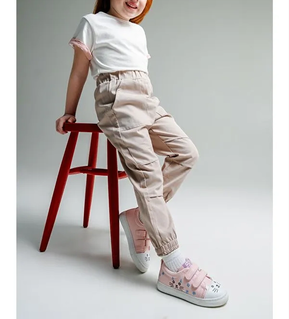 Kız Çocuk Pudra Kedili Sneaker Ayakkabı - Görsel 1
