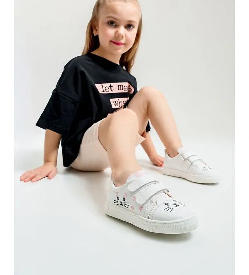 Kız Çocuk Beyaz Kedili Sneaker Ayakkabı
