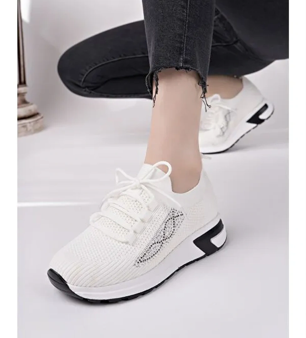 MARTHA Kadın Kalın Taban Günlük Triko Taşlı Bağcıklı Sneaker Spor Ayakkabı