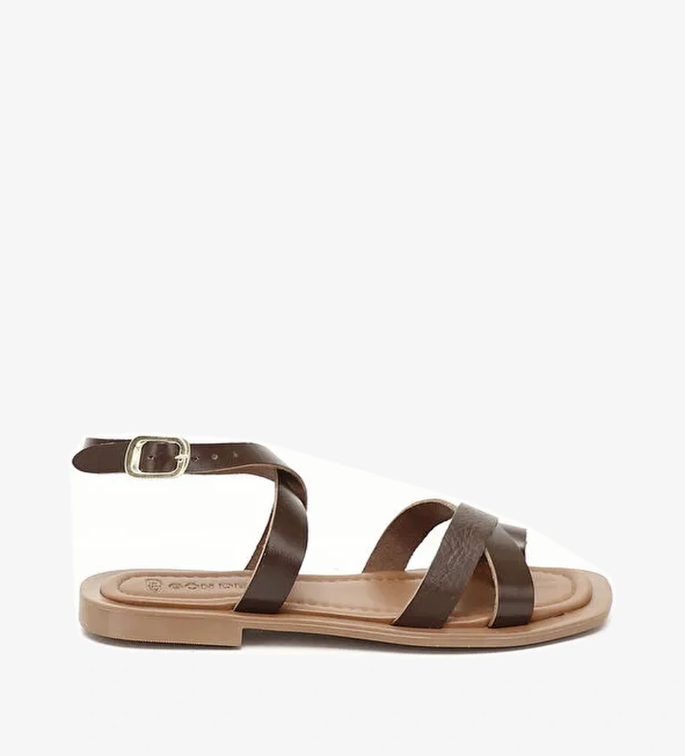 Kadın ÇİKOLATA KAHVE Parmak Arası Bilek Bağlı Hakiki Deri Sandalet - Görsel 1