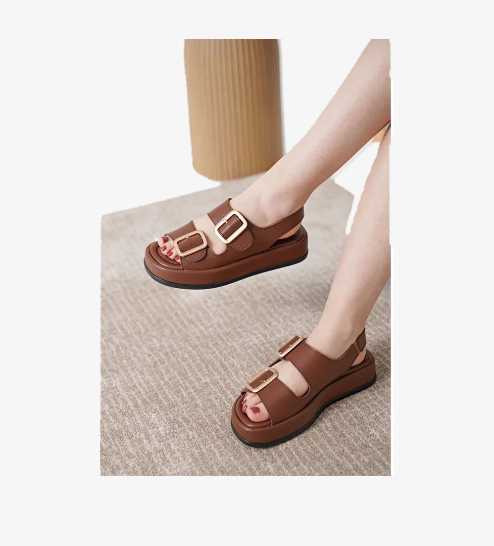 D0893 Günlük Ortopedik Çift Toka Arkadan Lastikli Konforlu Sandalet - Görsel 1