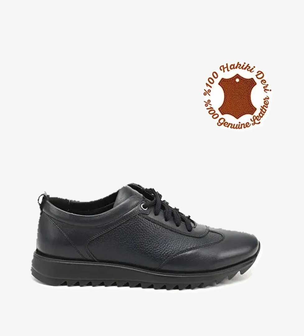 Erkek İNDİGO LACİVERT Hakiki Deri Bağcıklı Sneaker - Görsel 1