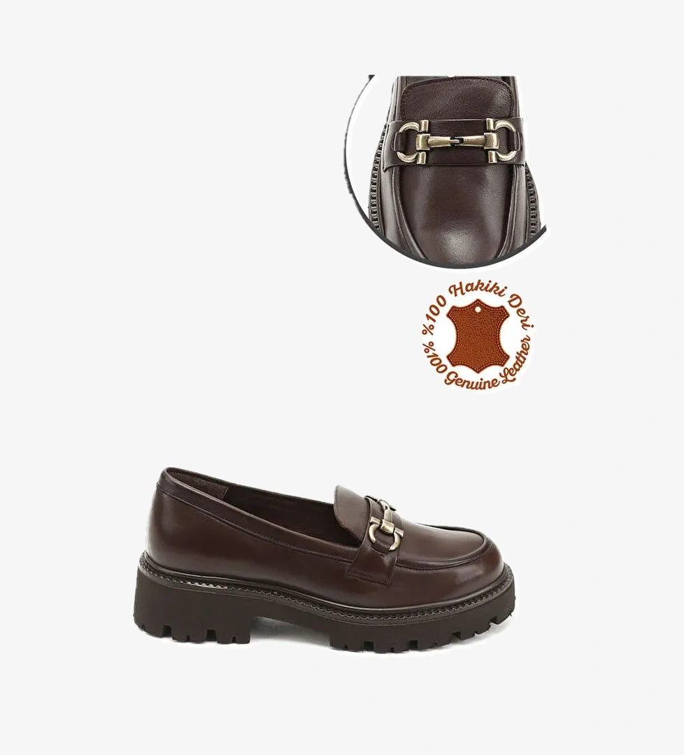 Gönderi̇(r) Kadın ORTA KAHVERENGİ Kalın Topuklu Tokalı Hakiki Deri Loafer Ayakkabı model görseli