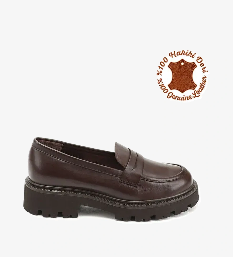 Gönderi̇(r) Kadın ORTA KAHVERENGİ Kalın Topuklu Hakiki Deri Loafer Ayakkabı model görseli