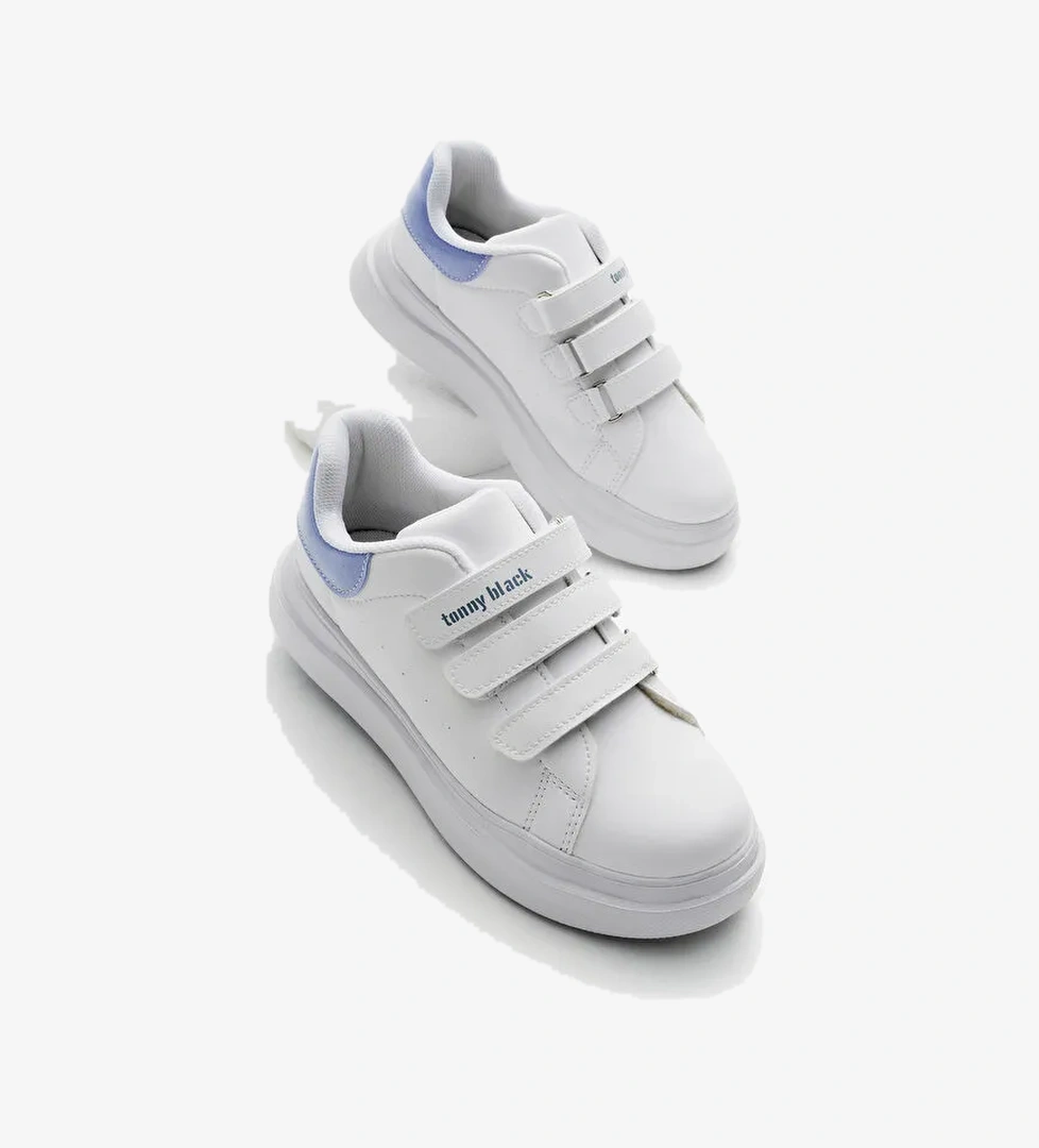 Çocuk Unisex Beyaz Mavi Eva Faylon Taban Üç Cırtlı Spor Ayakkabı