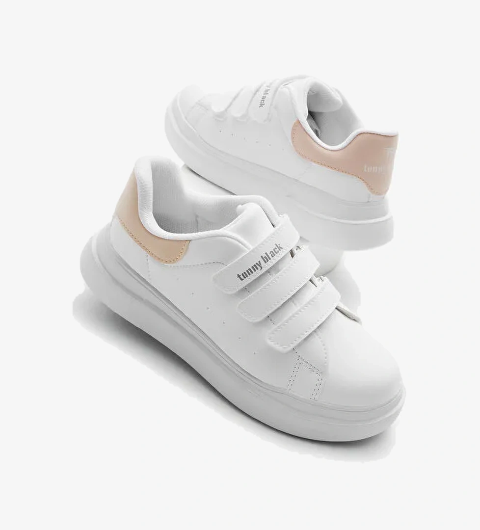 Çocuk Unisex Beyaz Pudra Eva Faylon Taban Üç Cırtlı Spor Ayakkabı