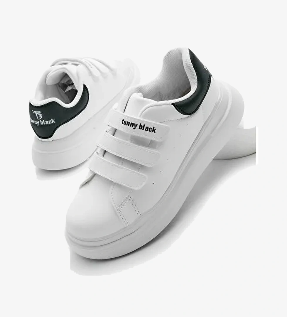 Çocuk Unisex Beyaz Siyah Eva Faylon Taban Üç Cırtlı Spor Ayakkabı