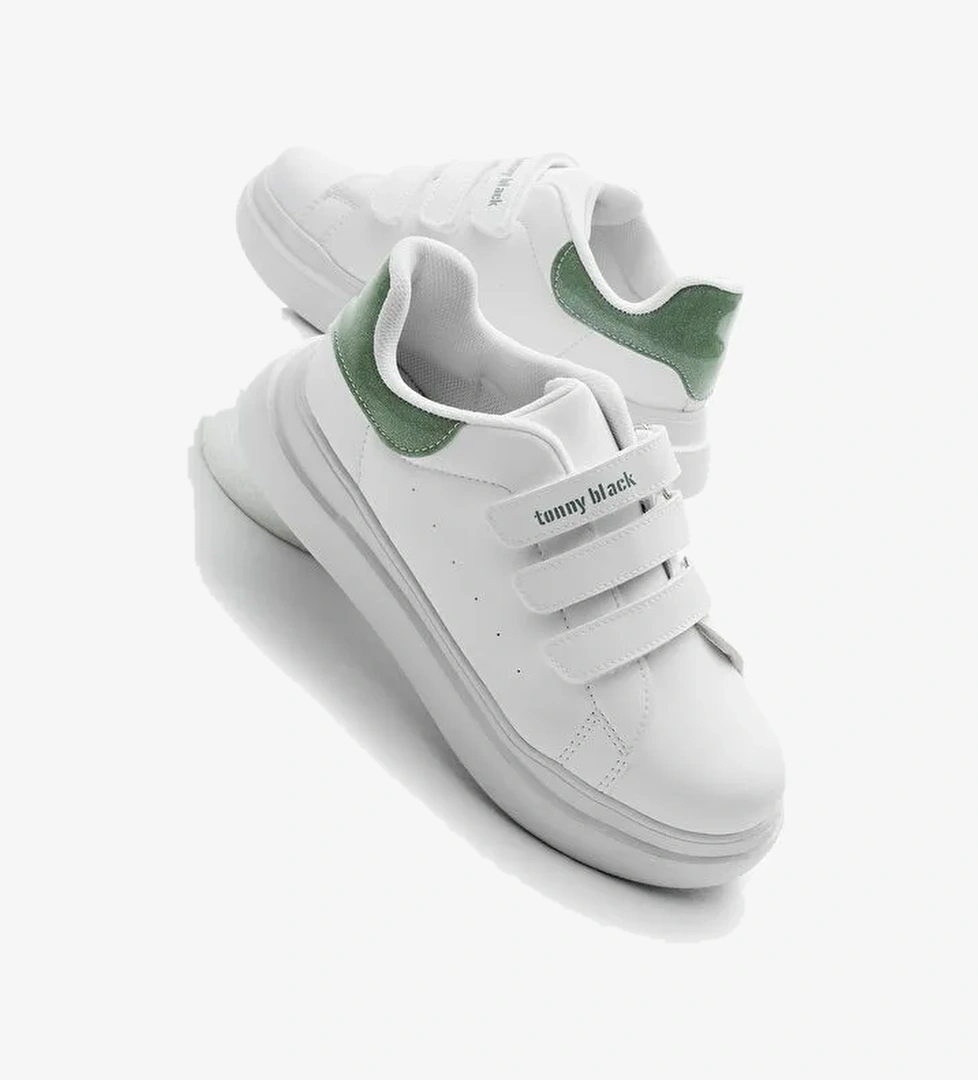 Çocuk Unisex Beyaz Su Yeşili Eva Faylon Taban Üç Cırtlı Spor Ayakkabı