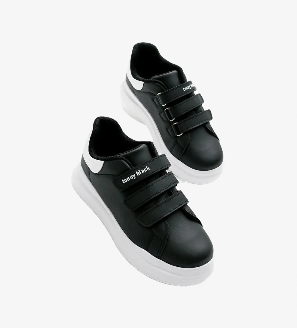 Çocuk Unisex Siyah Beyaz Eva Faylon Taban Üç Cırtlı Spor Ayakkabı - Görsel 1