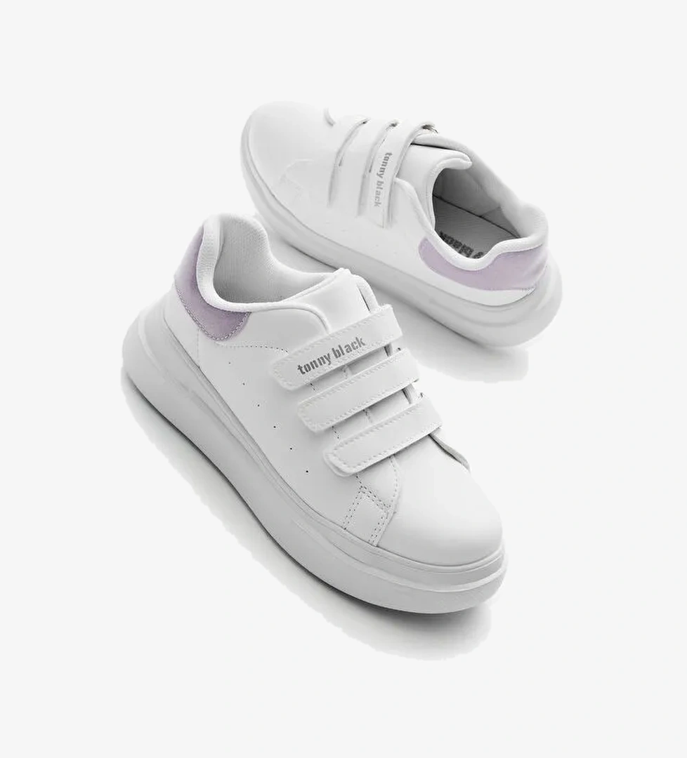 Çocuk Unisex Beyaz Lila Eva Faylon Taban Üç Cırtlı Spor Ayakkabı