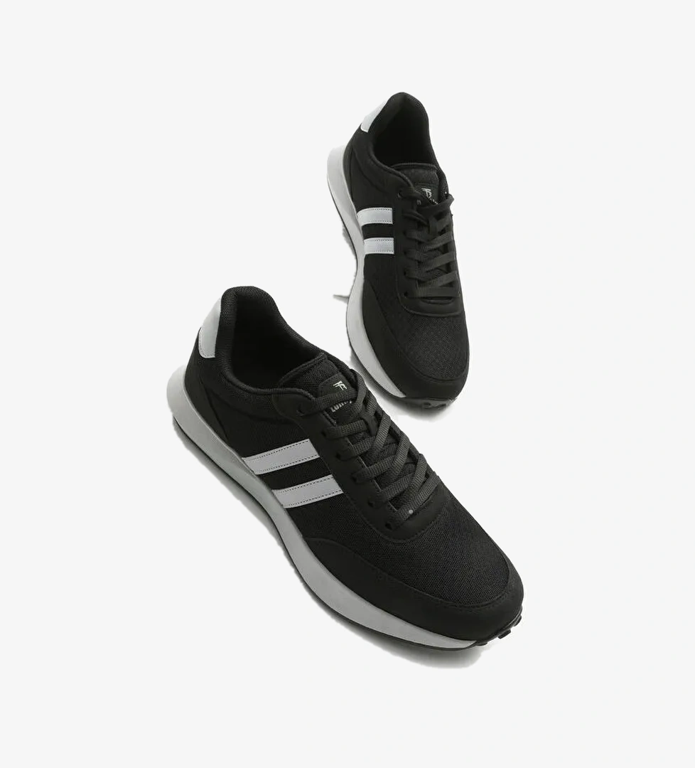 Erkek Siyah Buz Termo Taban Şeritli Nefes Alabilen Kumaş Bağcıklı Spor Ayakkabı - Görsel 1