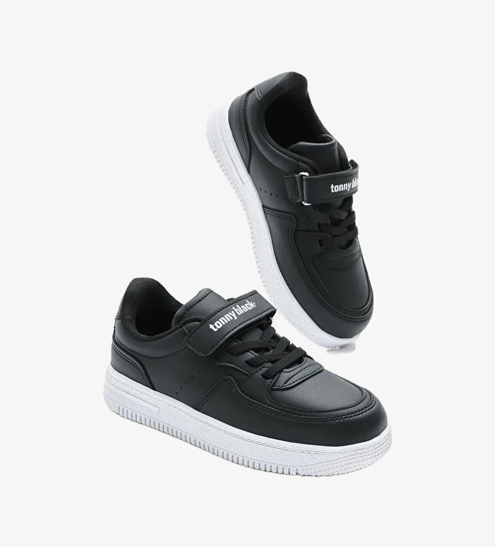 Çocuk Unisex Siyah Beyaz Termo Taban Cırtlı Lastik Bağcıklı Spor Ayakkabı