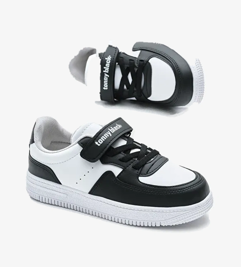 Çocuk Unisex Beyaz Siyah Termo Taban Cırtlı Lastik Bağcıklı Spor Ayakkabı