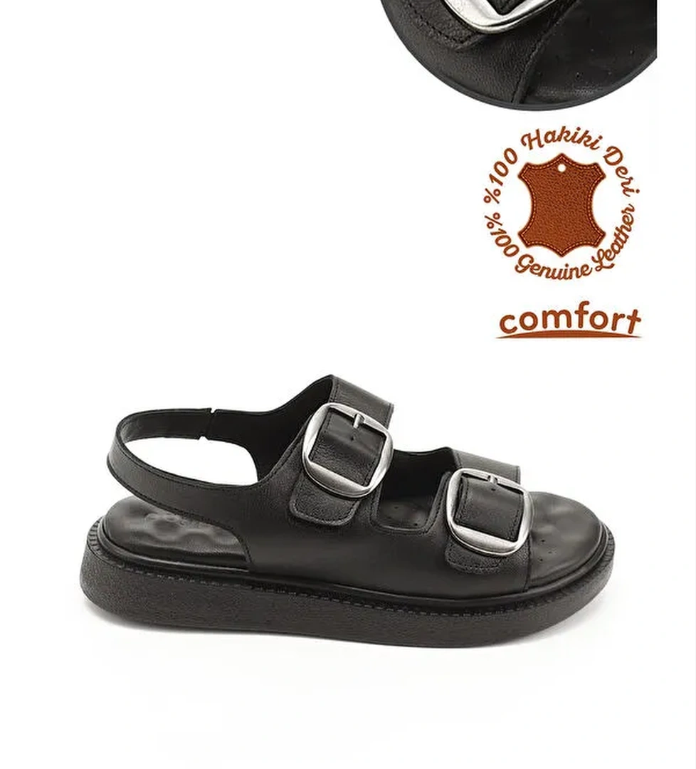 Kadin ZUMRUT-SIYAH Cirtli Tokali Hakiki Deri Comfort Sandalet