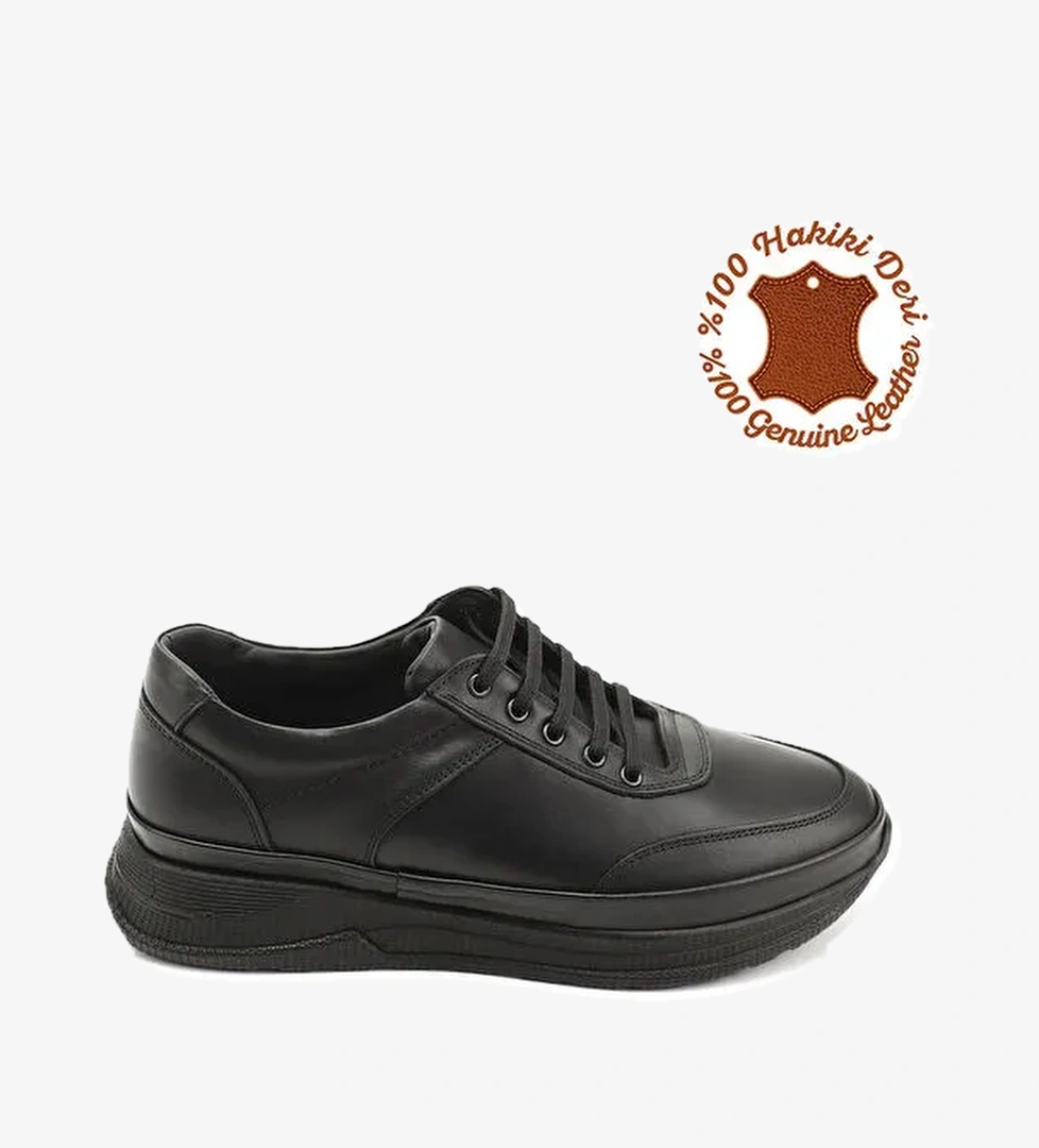 Erkek KOYU SİYAH Bağcıklı Hakiki Deri Comfort Sneaker - Görsel 1